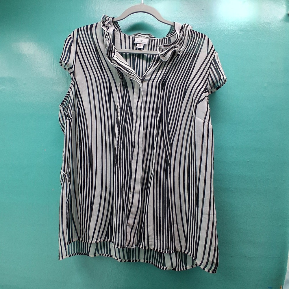 Worthington Striped Ruffle Blouse XL Black White Career Romantic Semi-Sheer Top